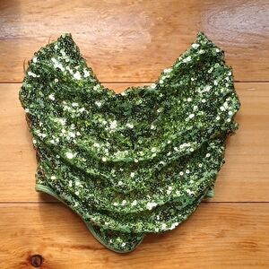 NWOT Light Green Sequin Ruched Rear Zip Corset Top Size Medium